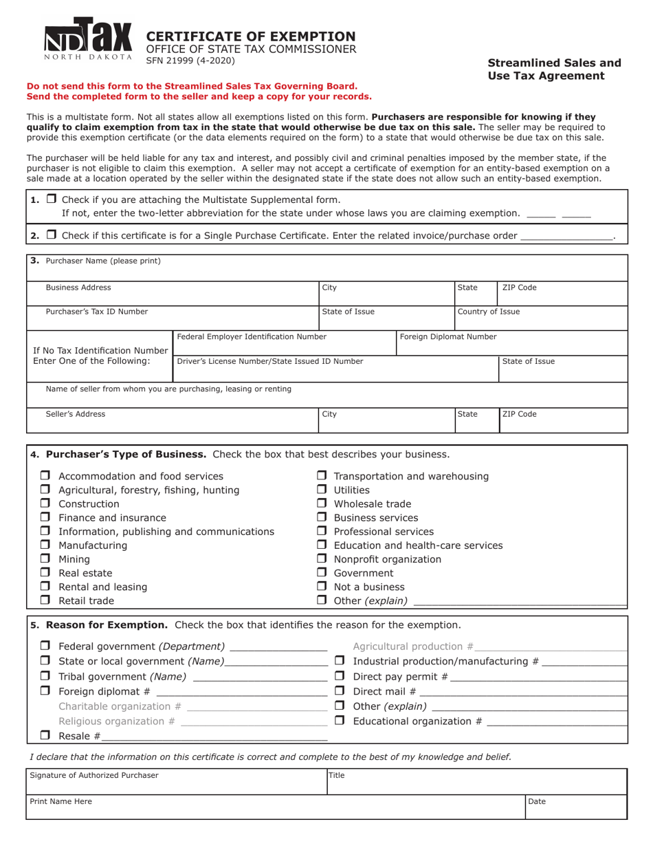 Form SFN21999 Streamlined Sales and Use Tax Agreement Certificate of Exemption - North Dakota, Page 1