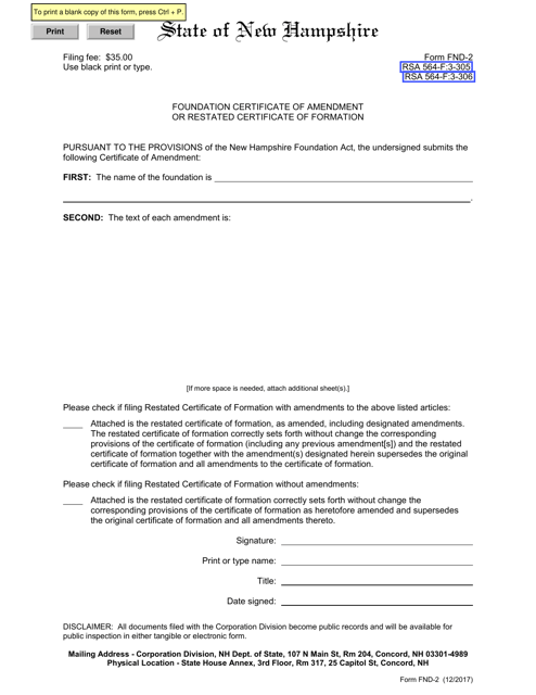 Form FND-2 Foundation Certificate of Amendment or Restated Certificate of Formation - New Hampshire