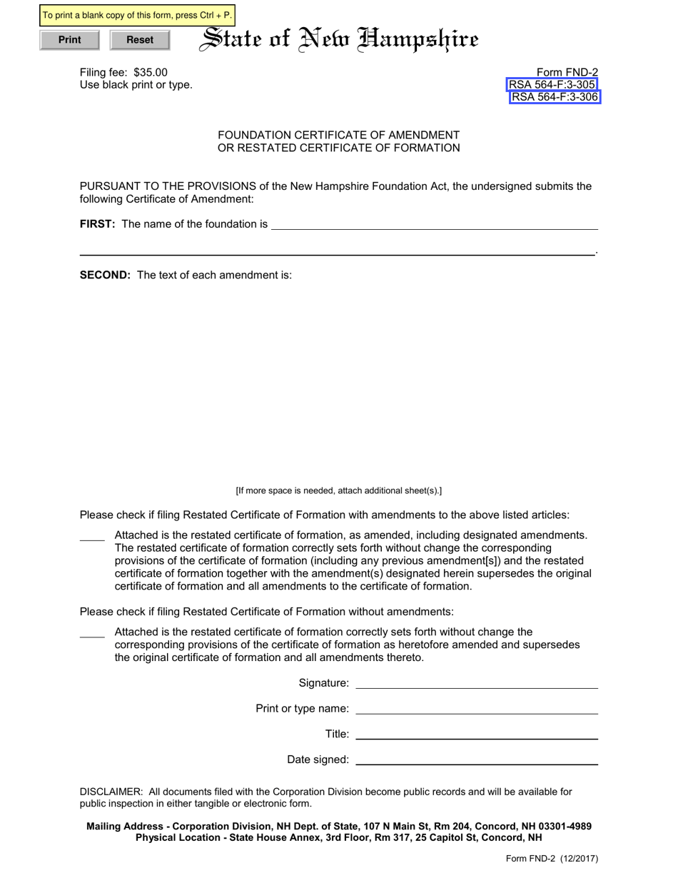 Form FND-2 Foundation Certificate of Amendment or Restated Certificate of Formation - New Hampshire, Page 1