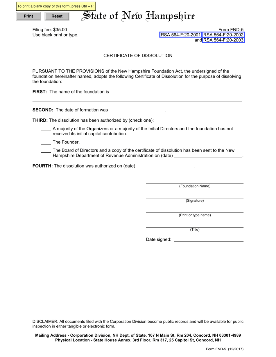 Form FND-5 Certificate of Dissolution - New Hampshire, Page 1
