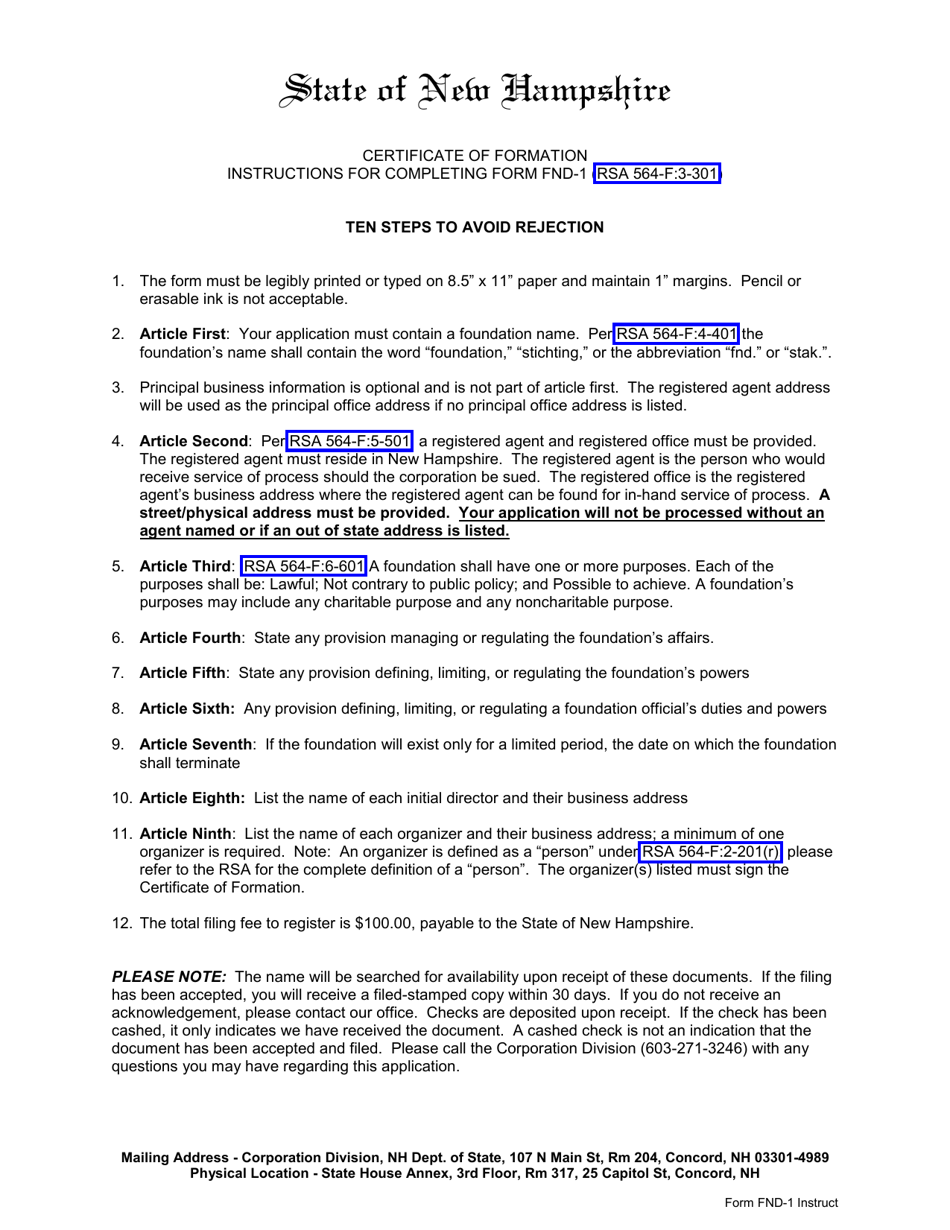 Form FND-1 Certificate of Formation New Hampshire Foundation - New Hampshire, Page 1