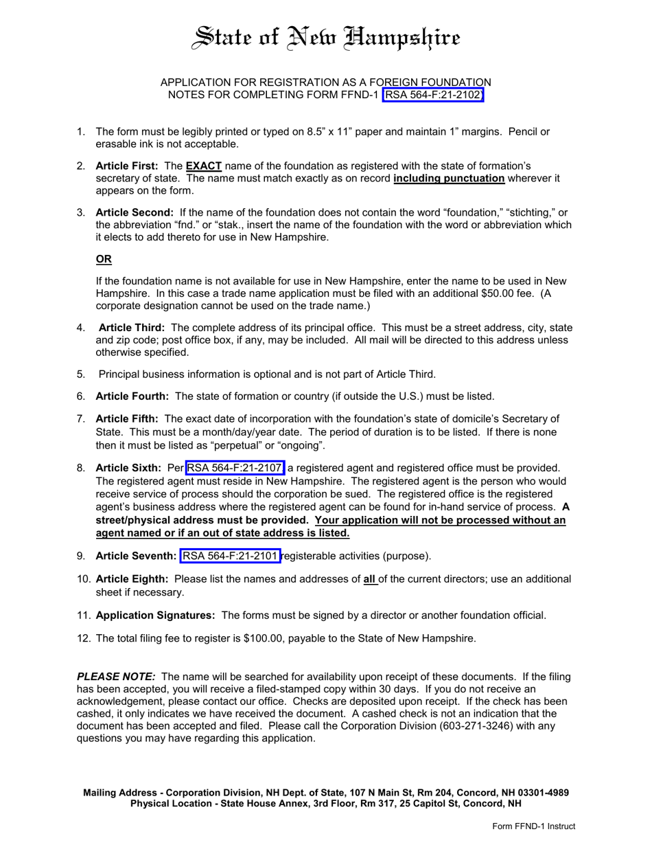 Form FFND-1 Application for Registration as a Foreign Foundation - New Hampshire, Page 1