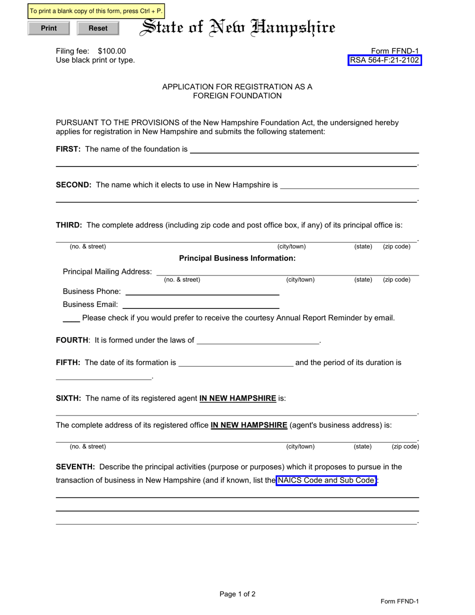 Form FFND-1 Application for Registration as a Foreign Foundation - New Hampshire, Page 2