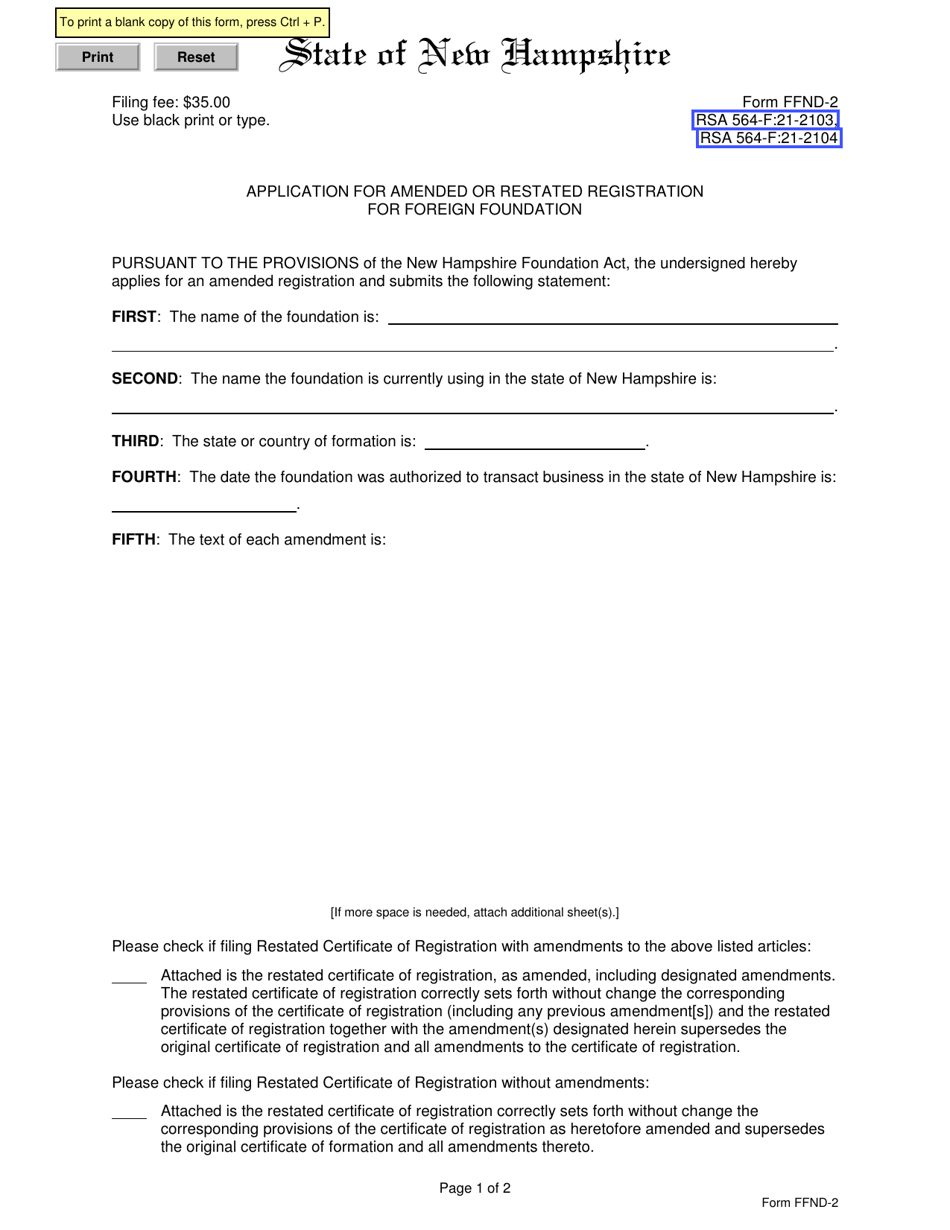 Form FFND-2 Application for Amended or Restated Registration for Foreign Foundation - New Hampshire, Page 1