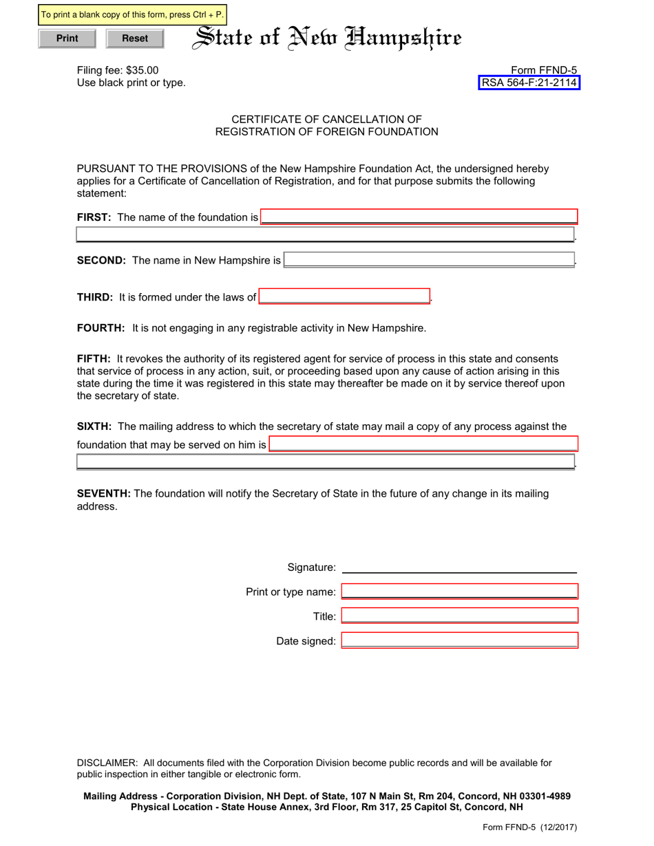 Form FFND-5 Certificate of Cancellation of Registration of Foreign Foundation - New Hampshire, Page 1