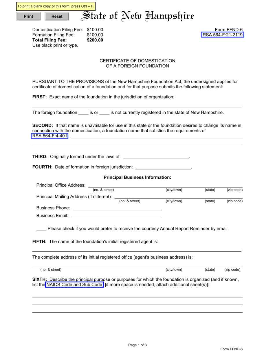 Form FFND-6 Certificate of Domestication of a Foreign Foundation - New Hampshire, Page 1