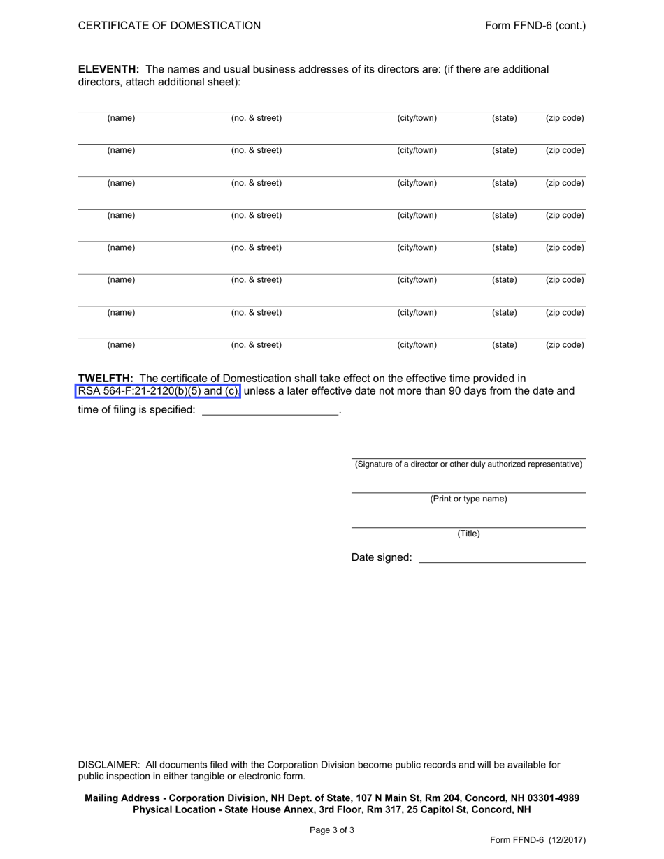 Form FFND-6 Certificate of Domestication of a Foreign Foundation - New Hampshire, Page 3