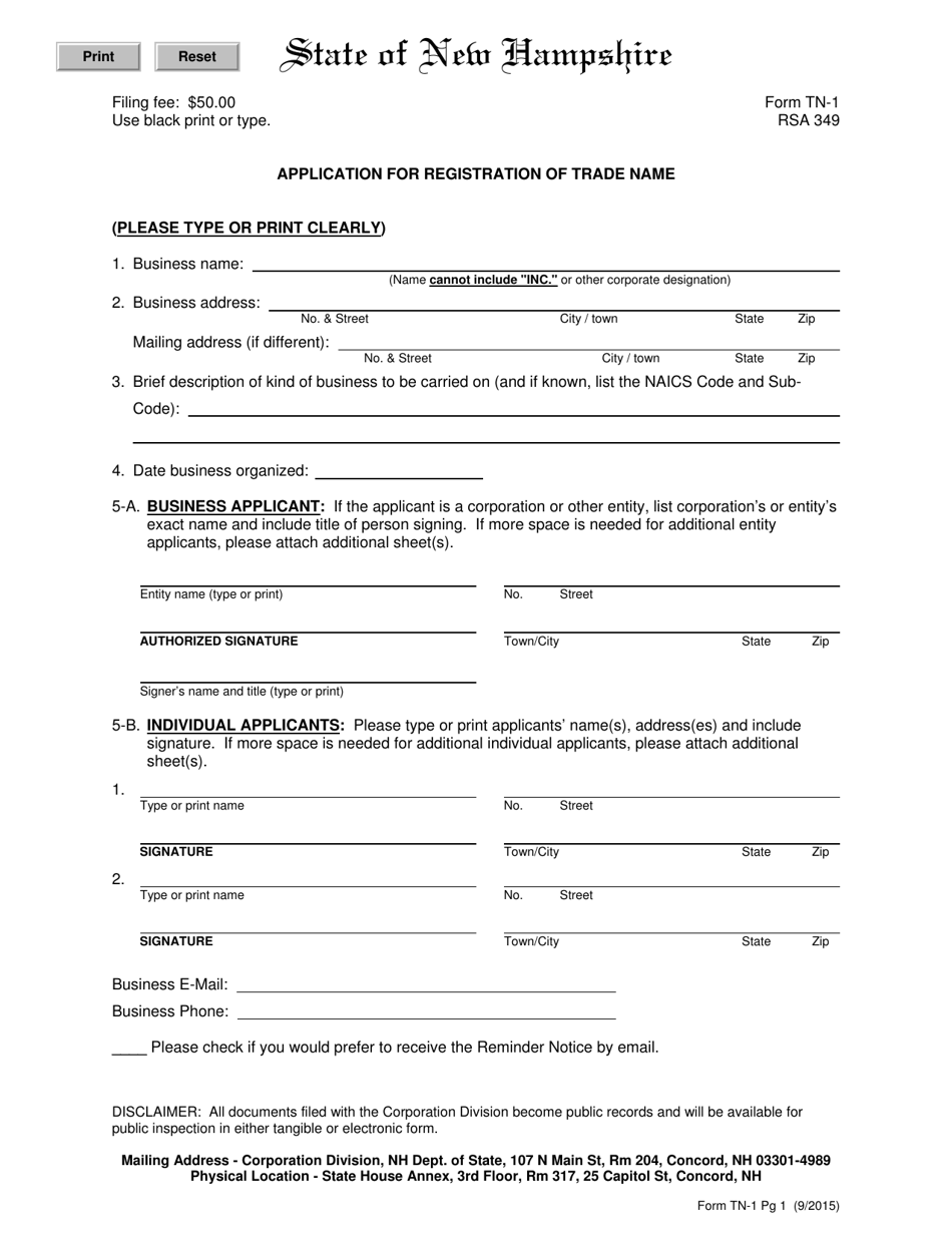Form TN-1 Application for Registration of Trade Name - New Hampshire, Page 1