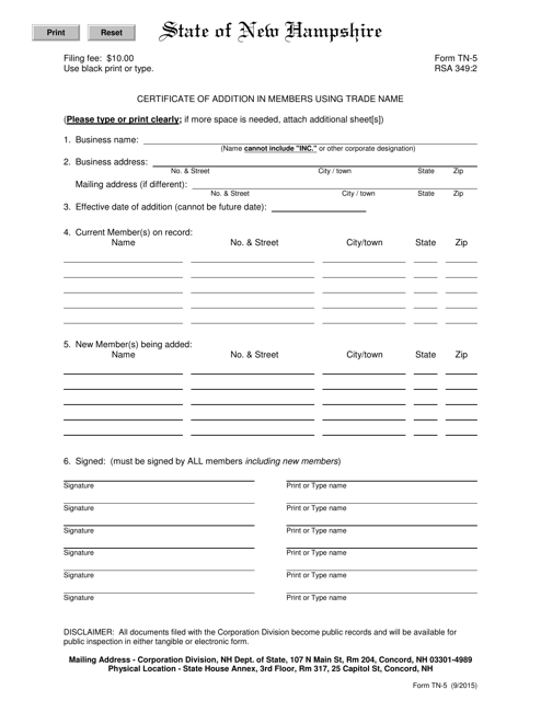 Form TN-5 Certificate of Addition in Members Using Trade Name - New Hampshire