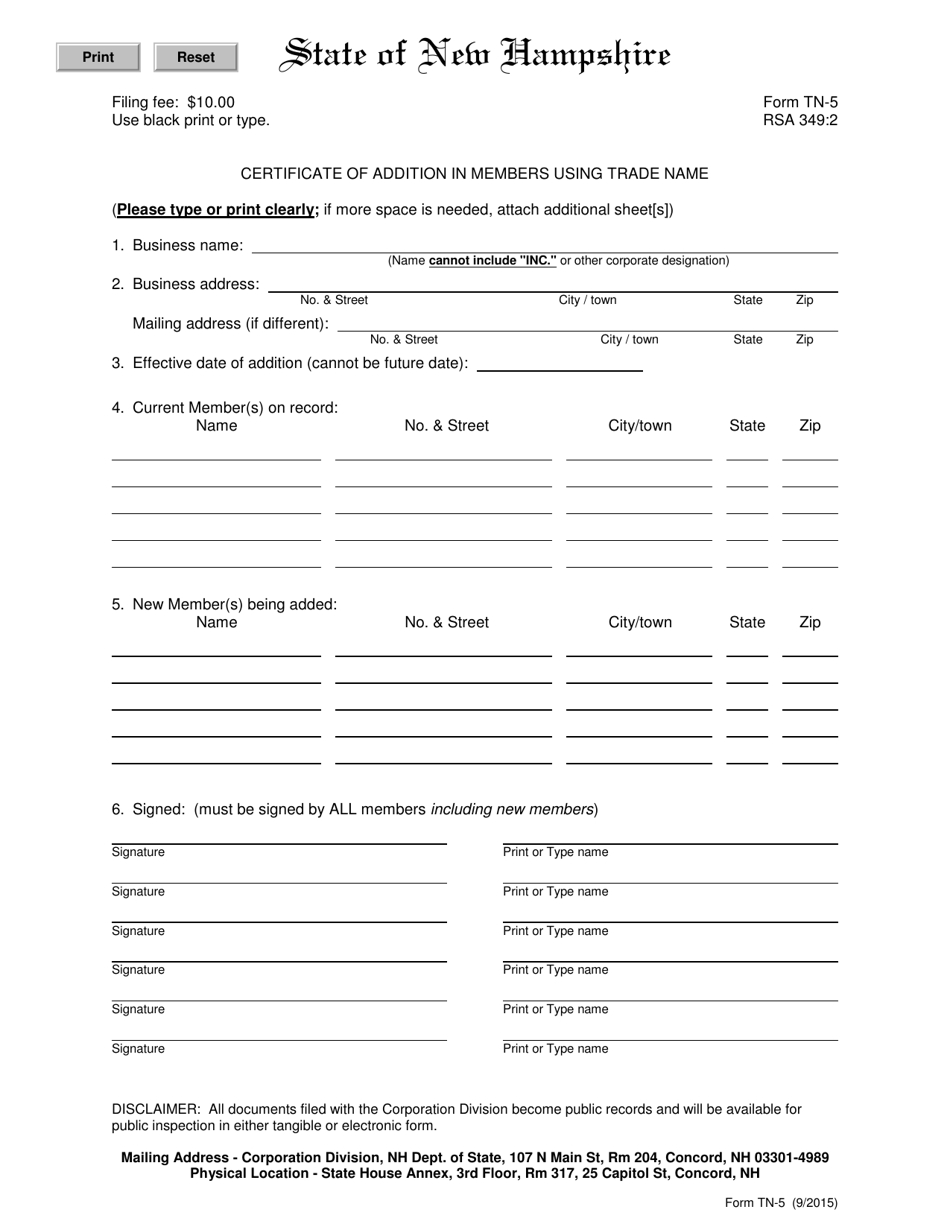 Form TN-5 Certificate of Addition in Members Using Trade Name - New Hampshire, Page 1
