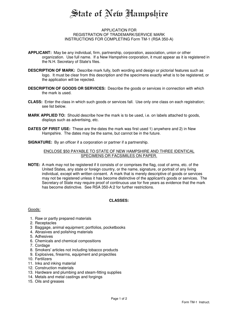 Form TM-1 Application for Registration of Trademark / Service Mark - New Hampshire, Page 1