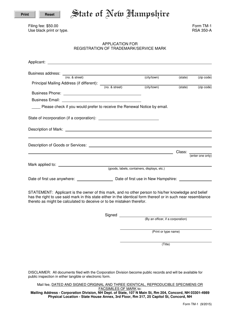 Form TM-1 Application for Registration of Trademark / Service Mark - New Hampshire, Page 3