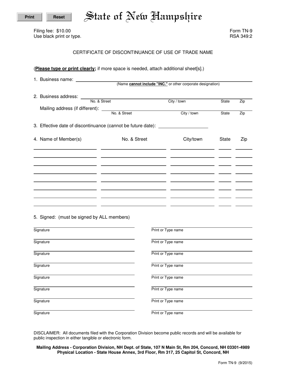 Form TN-9 Certificate of Discontinuance of Use of Trade Name - New Hampshire, Page 1