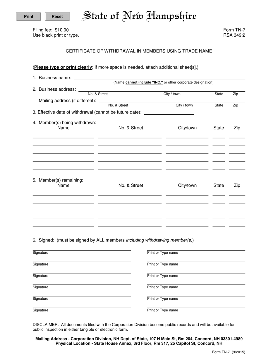 Form TN-7 Certificate of Withdrawal in Members Using Trade Name - New Hampshire, Page 1