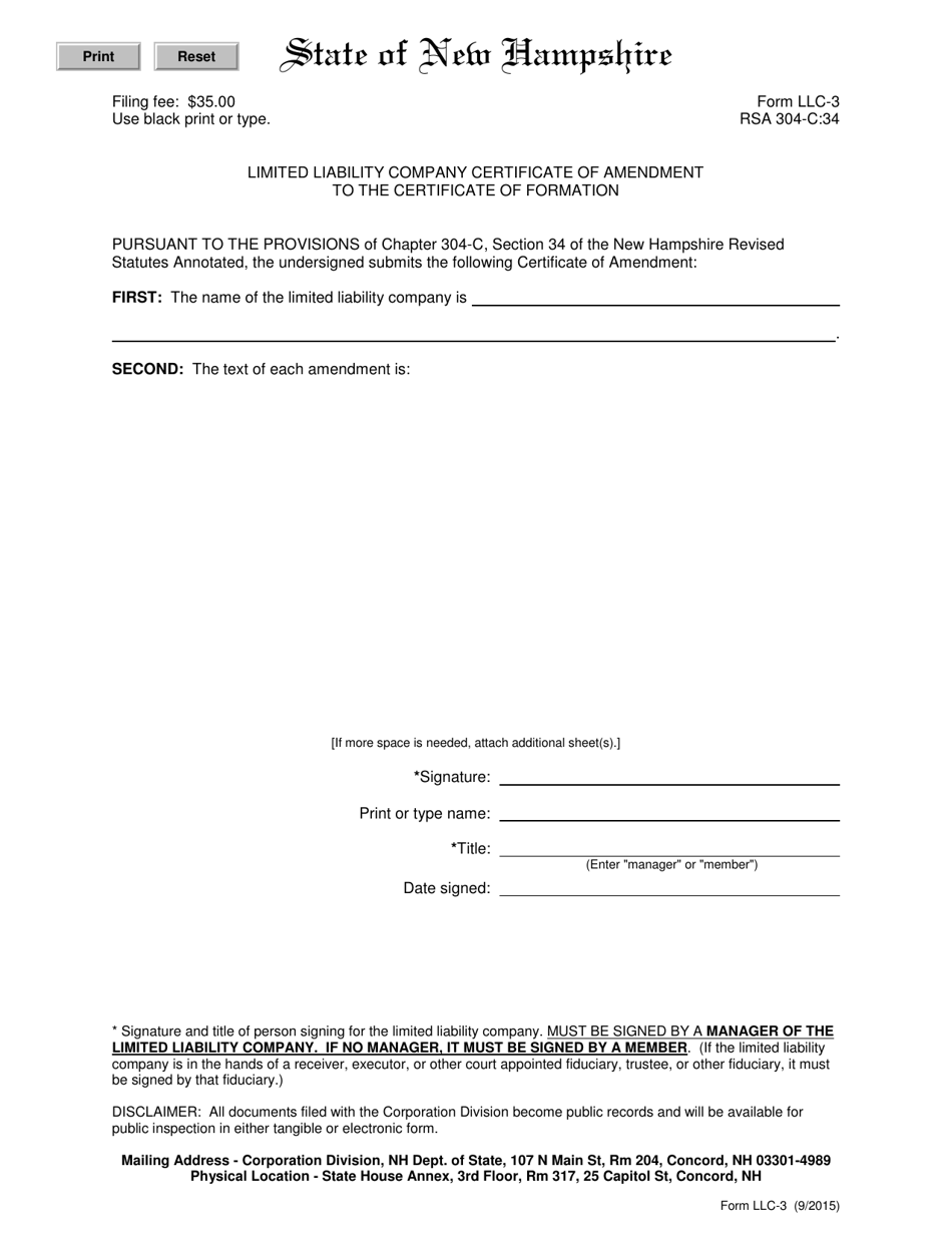 Form LLC-3 Limited Liability Company Certificate of Amendment to the Certificate of Formation - New Hampshire, Page 1