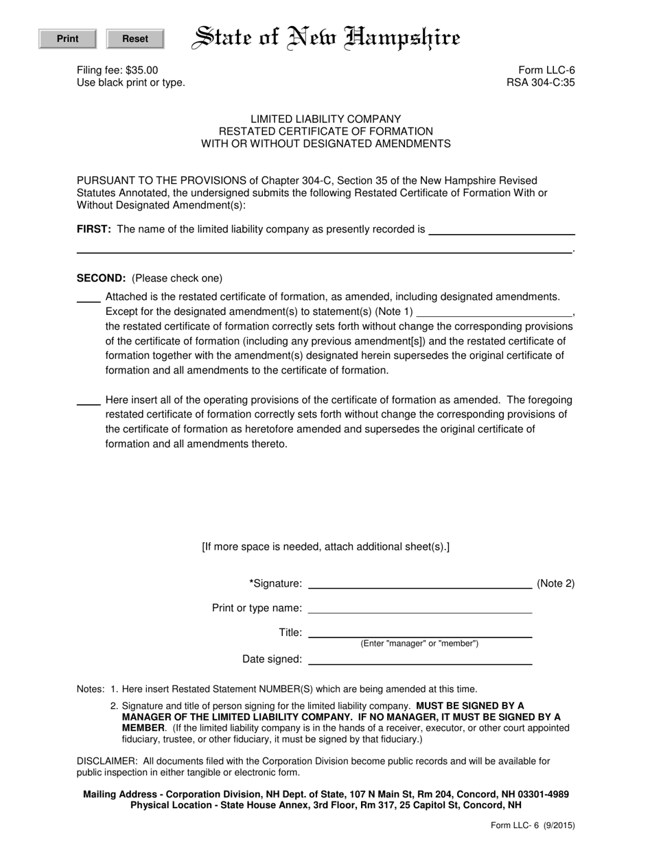 Form LLC-6 Limited Liability Company Restated Certificate of Formation With or Without Designated Amendments - New Hampshire, Page 1