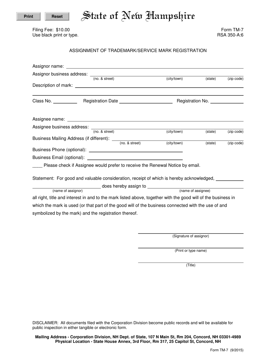 Form TM-7 Assignment of Trademark / Service Mark Registration - New Hampshire, Page 1