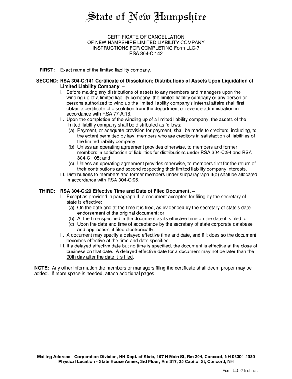 Form LLC-7 Certificate of Cancellation of New Hampshire Limited Liability Company - New Hampshire, Page 1