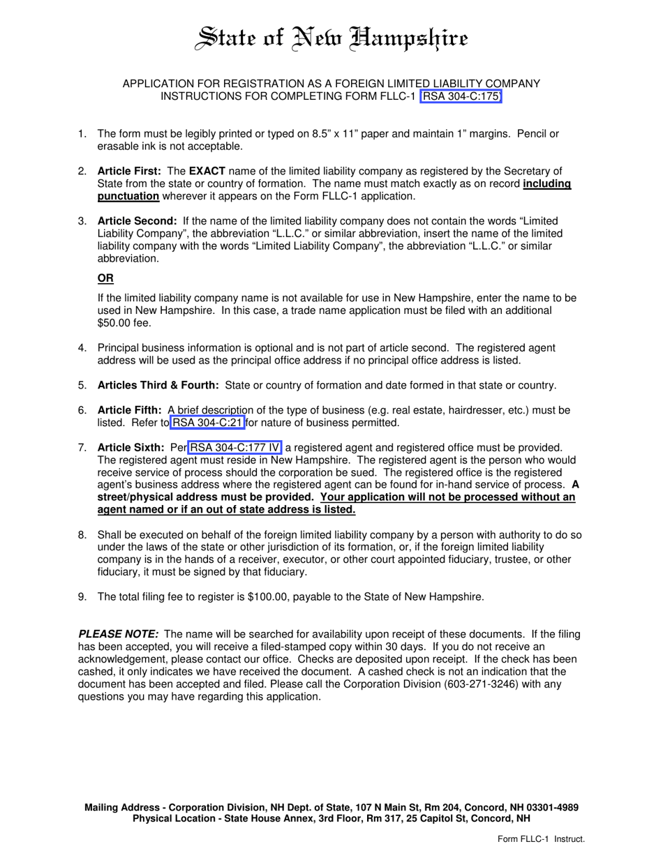 Form FLLC-1 Application for Registration as a Foreign Limited Liability Company - New Hampshire, Page 1