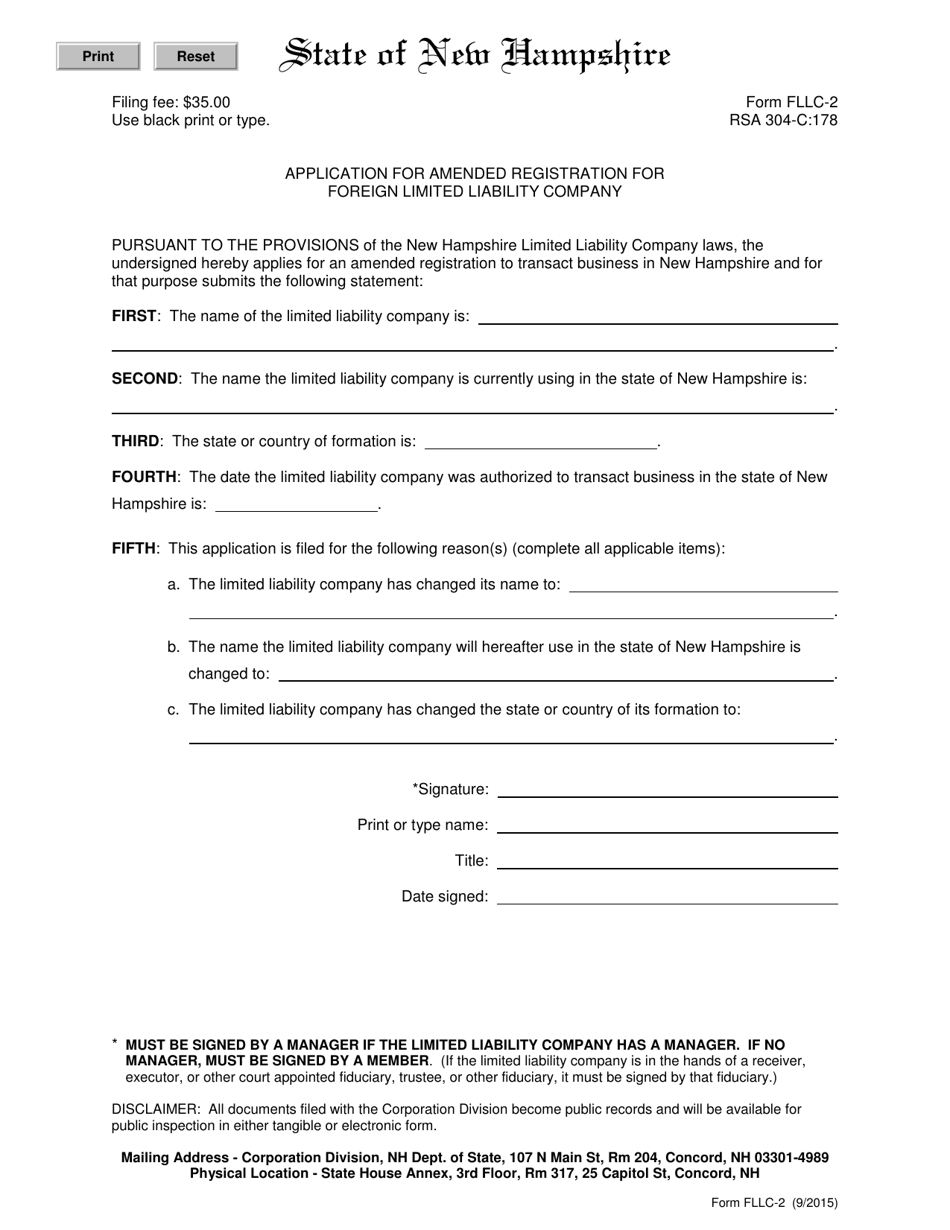 Form FLLC-2 Application for Amended Registration for Foreign Limited Liability Company - New Hampshire, Page 2