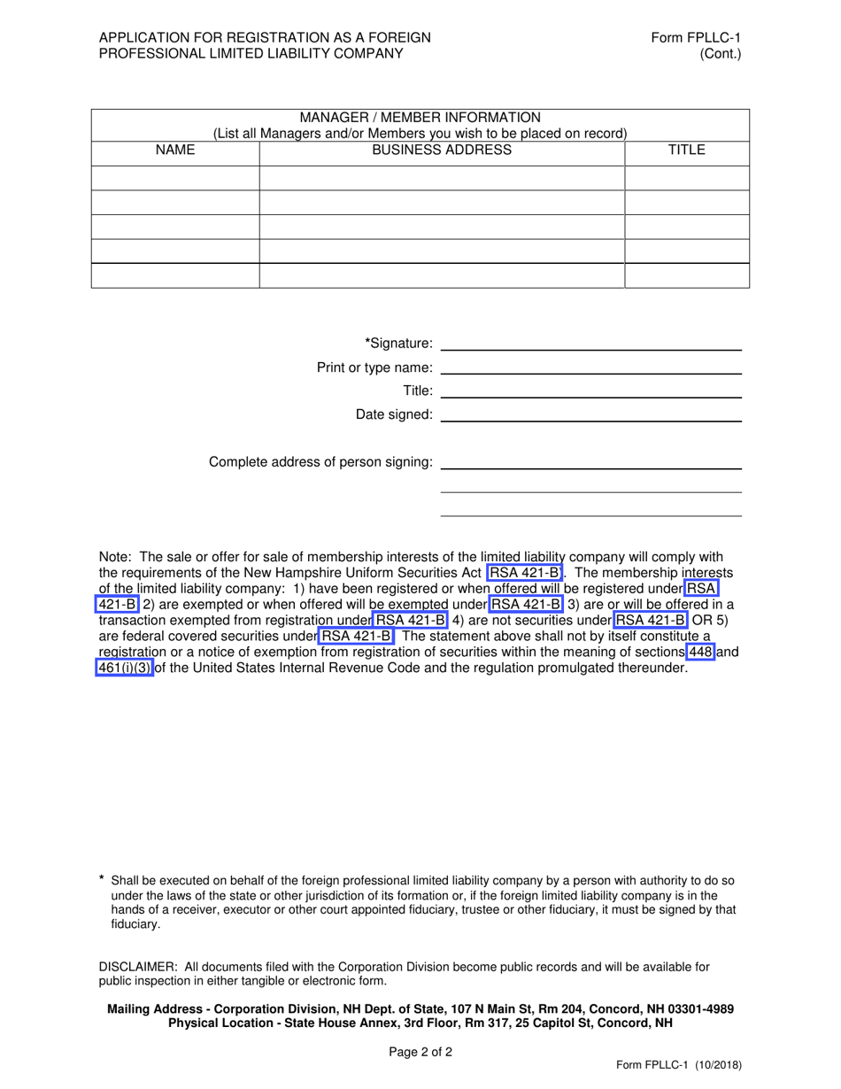 Form FPLLC-1 Application for Registration as a Foreign Professional Limited Liability Company - New Hampshire, Page 3