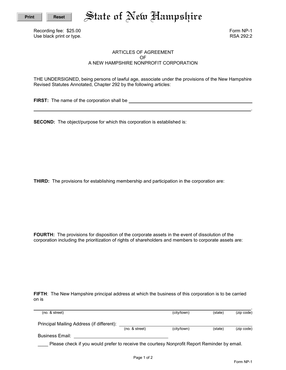 Form NP-1 Articles of Agreement of a New Hampshire Nonprofit Corporation - New Hampshire, Page 1