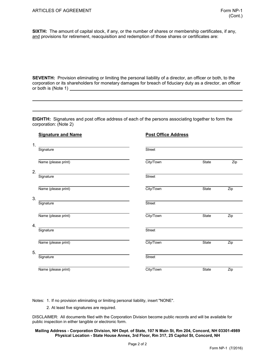 Form NP-1 Articles of Agreement of a New Hampshire Nonprofit Corporation - New Hampshire, Page 2