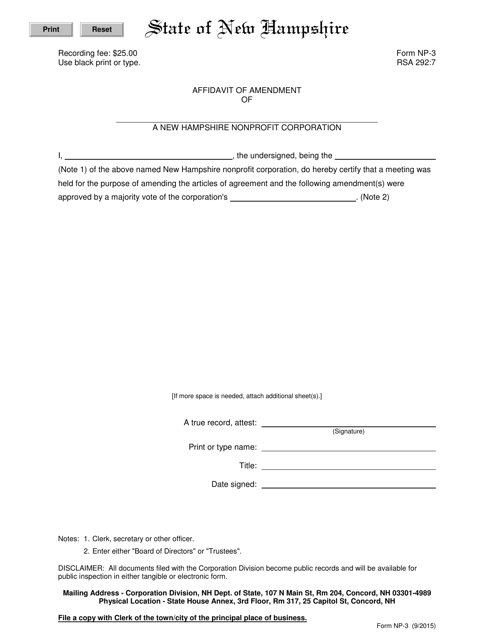 Form NP-3 Affidavit of Amendment of a New Hampshire Nonprofit Corporation - New Hampshire