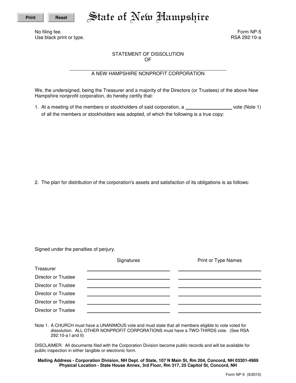 Form NP-5 Statement of Dissolution of a New Hampshire Nonprofit Corporation - New Hampshire, Page 1