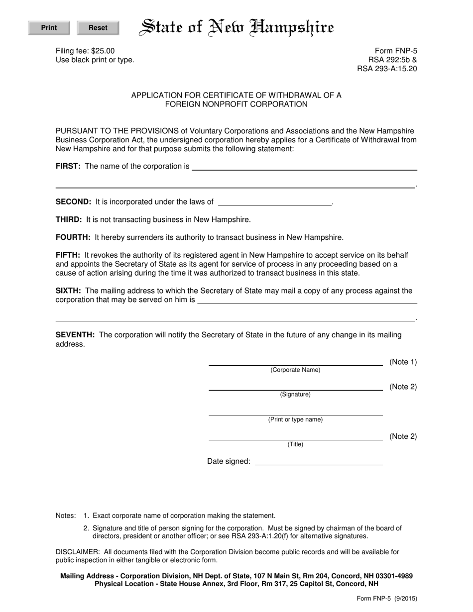 Form FNP-5 Application for Certificate of Withdrawal of a Foreign Nonprofit Corporation - New Hampshire, Page 1