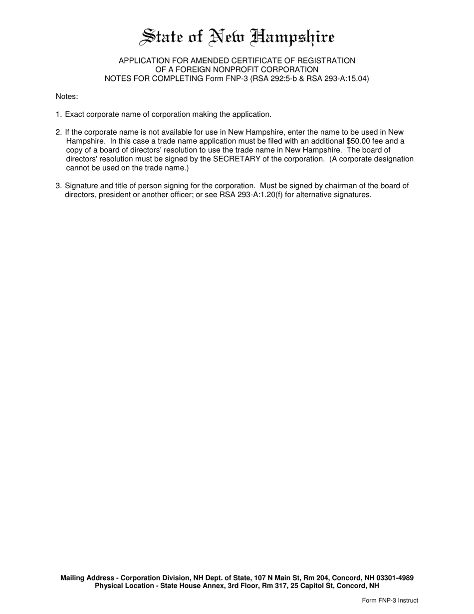 Form FNP-3 Application for Amended Certificate of Registration of a Foreign Nonprofit Corporation - New Hampshire, Page 1
