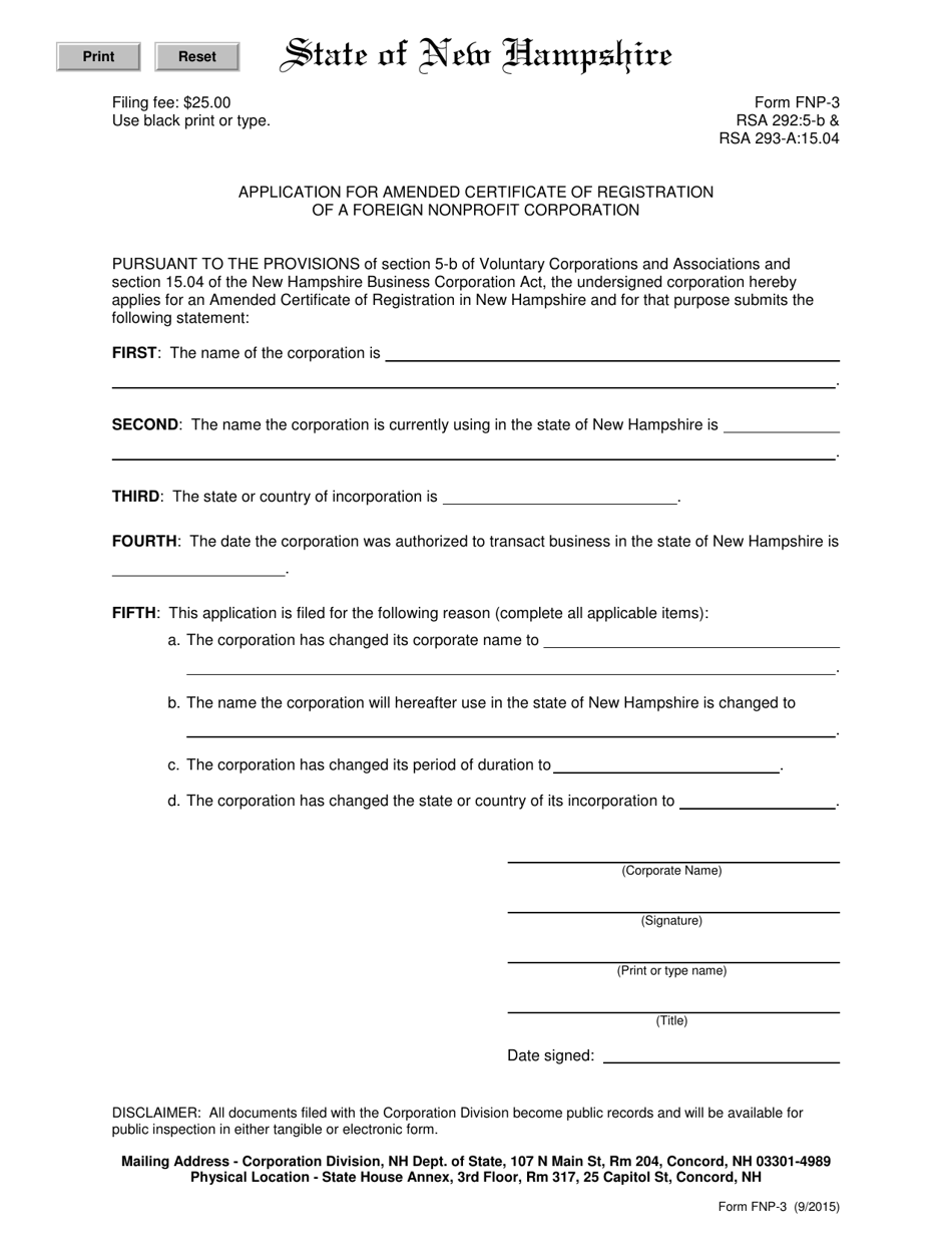 Form FNP-3 Application for Amended Certificate of Registration of a Foreign Nonprofit Corporation - New Hampshire, Page 2