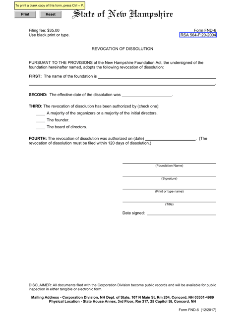 Form FND-6 Certificate of Revocation of Dissolution - New Hampshire