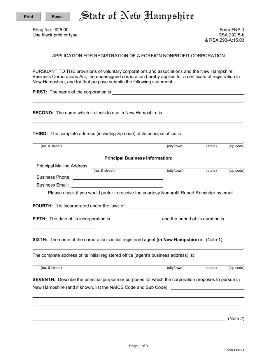 Form FNP-1 Application for Registration of a Foreign Nonprofit Corporation - New Hampshire, Page 1