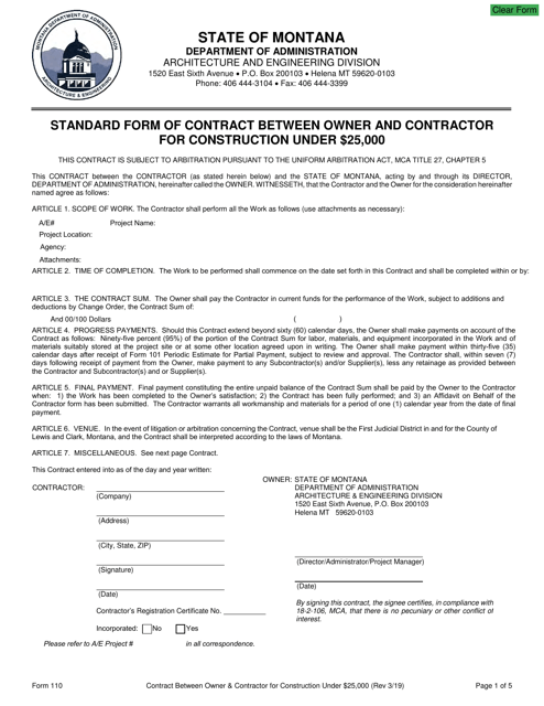 Form 110 Standard Form of Contract Between Owner and Contractor for Construction Under $25,000 - Montana