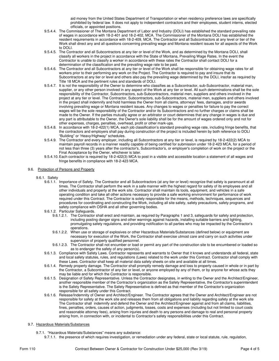 Form 110 Standard Form of Contract Between Owner and Contractor for Construction Under $25,000 - Montana, Page 4