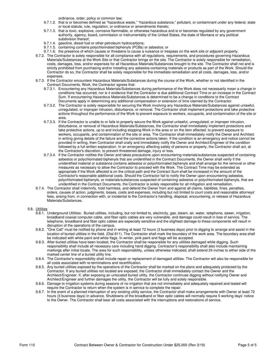 Form 110 Standard Form of Contract Between Owner and Contractor for Construction Under $25,000 - Montana, Page 5