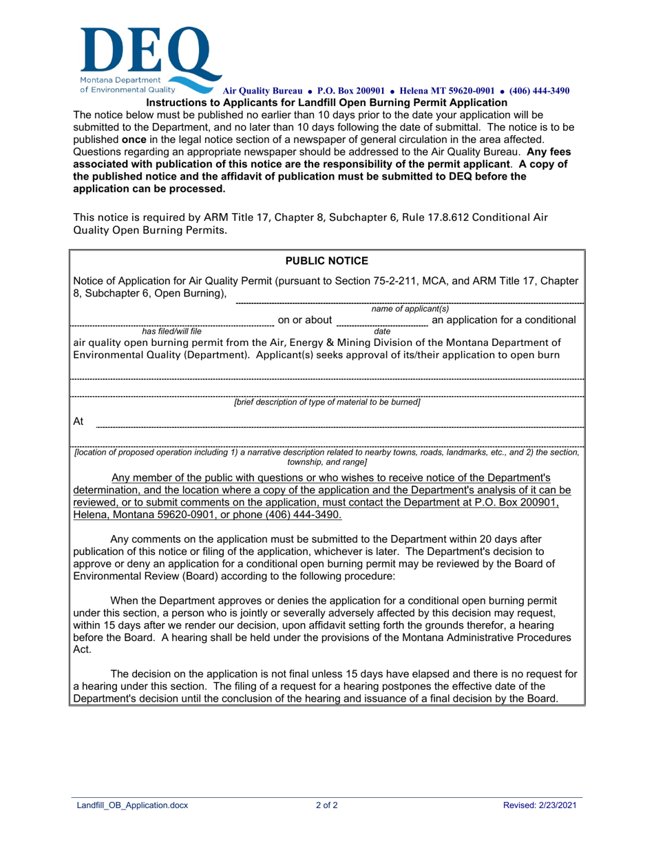 Montana Landfill Open Burning Permit Application - Montana, Page 2