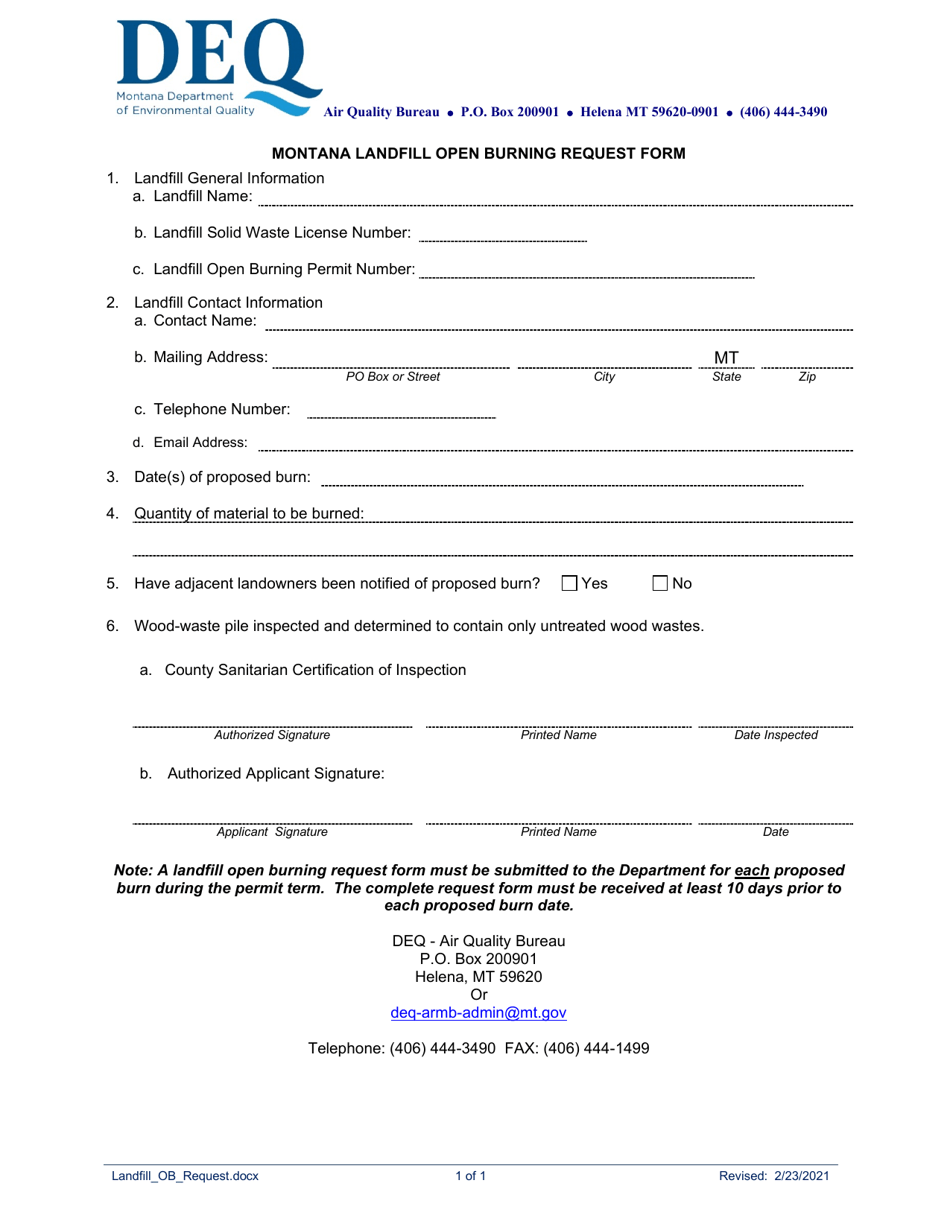 Montana Landfill Open Burning Permit Application - Montana, Page 3