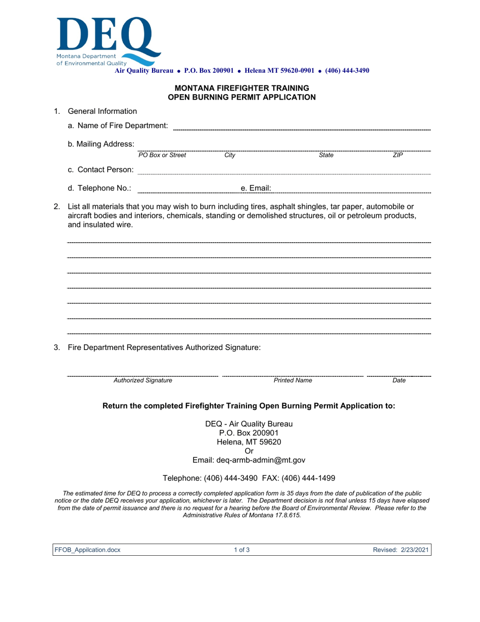 Montana Firefighter Training Open Burning Permit Application - Montana, Page 1