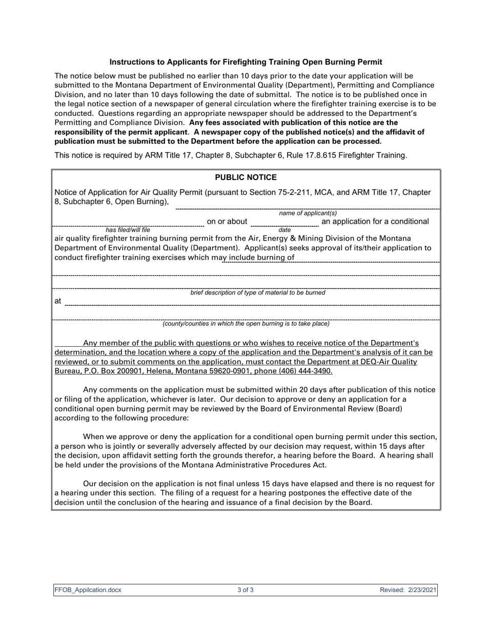 Montana Firefighter Training Open Burning Permit Application - Montana, Page 3