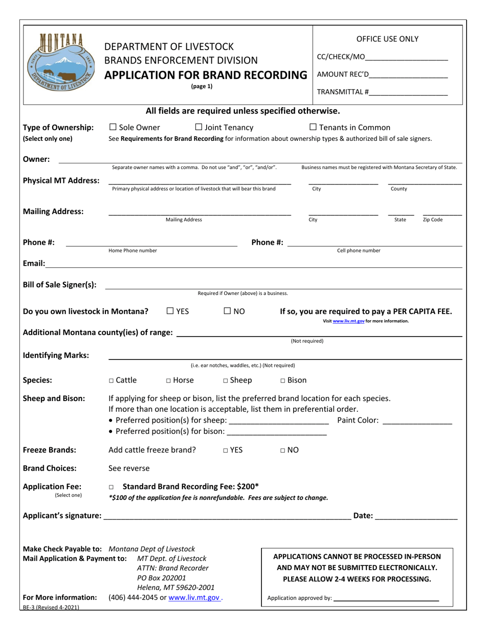 Form BE-3 Application for Brand Recording - Montana, Page 1