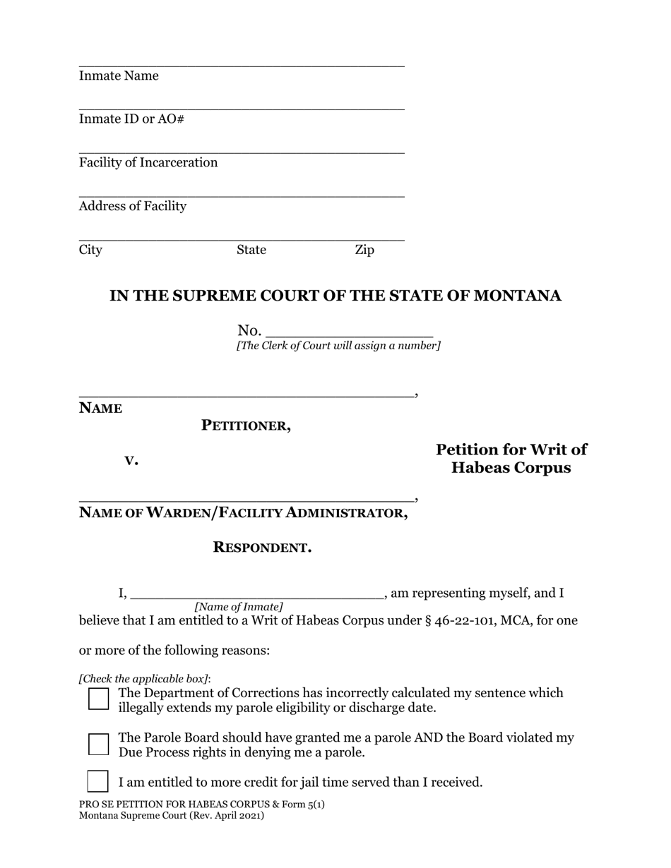 Petition for a Writ of Habeas Corpus Form - Montana, Page 3
