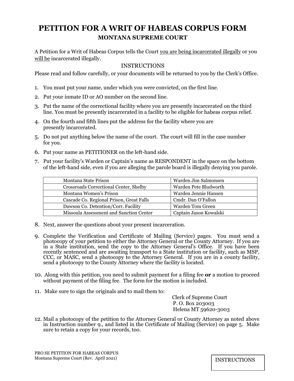 Montana Petition for a Writ of Habeas Corpus Form Download Printable ...