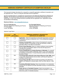 Nebraska Nonprofit Certificate of Exemption Checklist - Nebraska