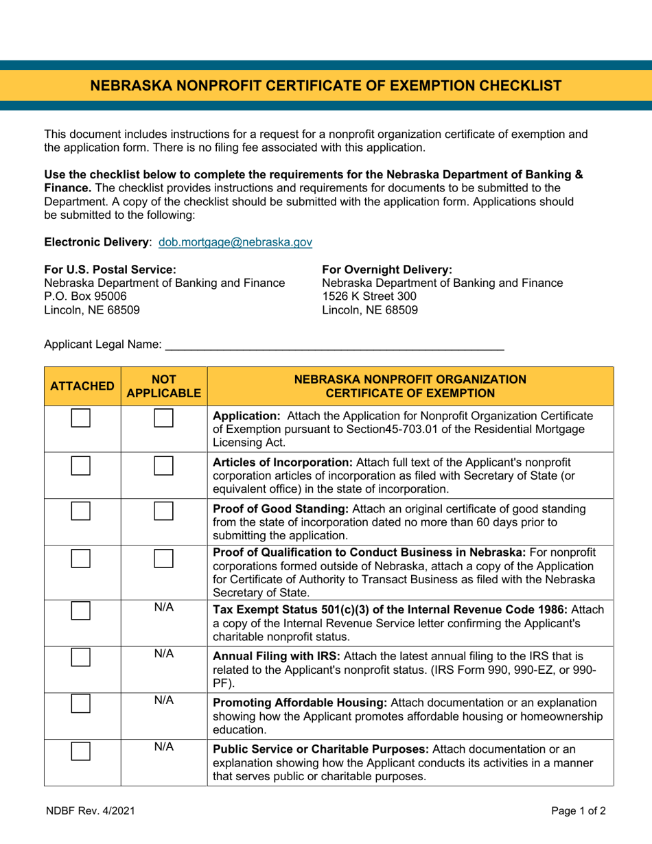 Nebraska Nonprofit Certificate of Exemption Checklist - Nebraska, Page 1