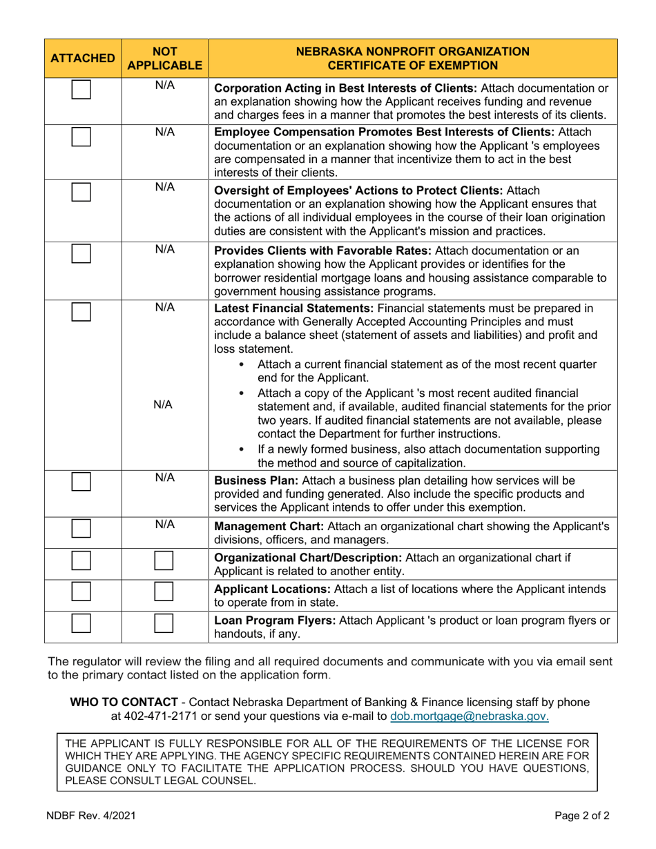 Nebraska Nebraska Nonprofit Certificate Of Exemption Checklist Fill Out Sign Online And 9292