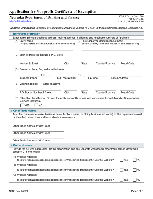 Application for Nonprofit Certificate of Exemption - Nebraska Download Pdf