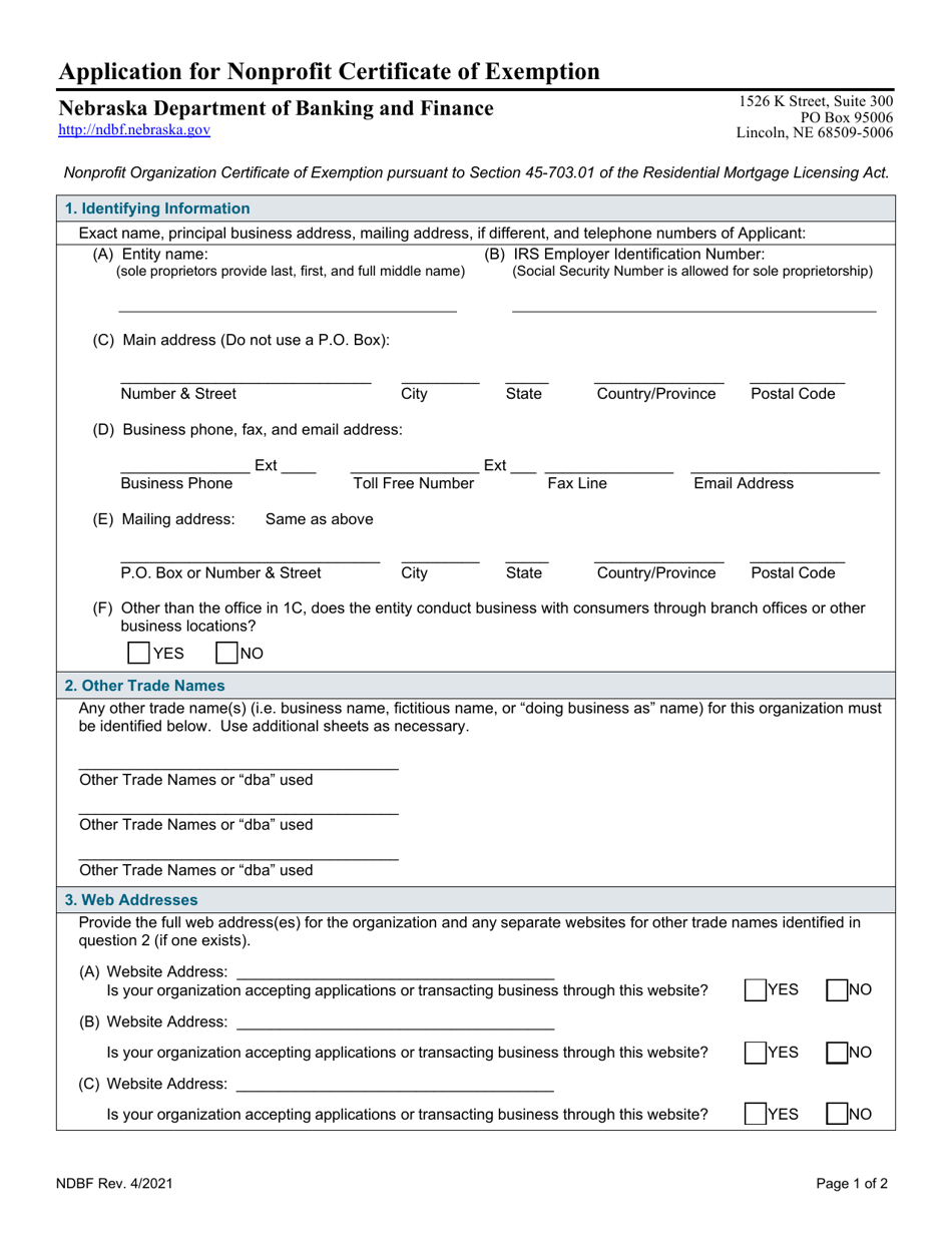 Application for Nonprofit Certificate of Exemption - Nebraska, Page 1