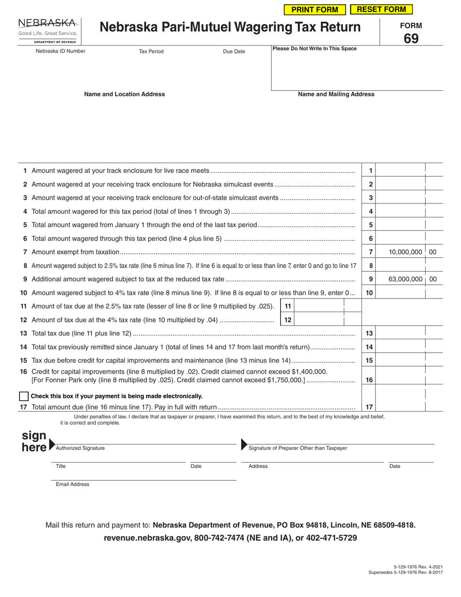 Form 69 Nebraska Pari-Mutuel Wagering Tax Return - Nebraska, Page 1